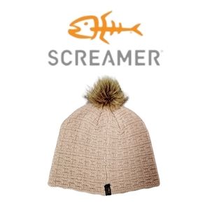 Screamer Deer Valley Beige Acrylic Knit Faux Fur Pom Pom Beanie Cap Hat